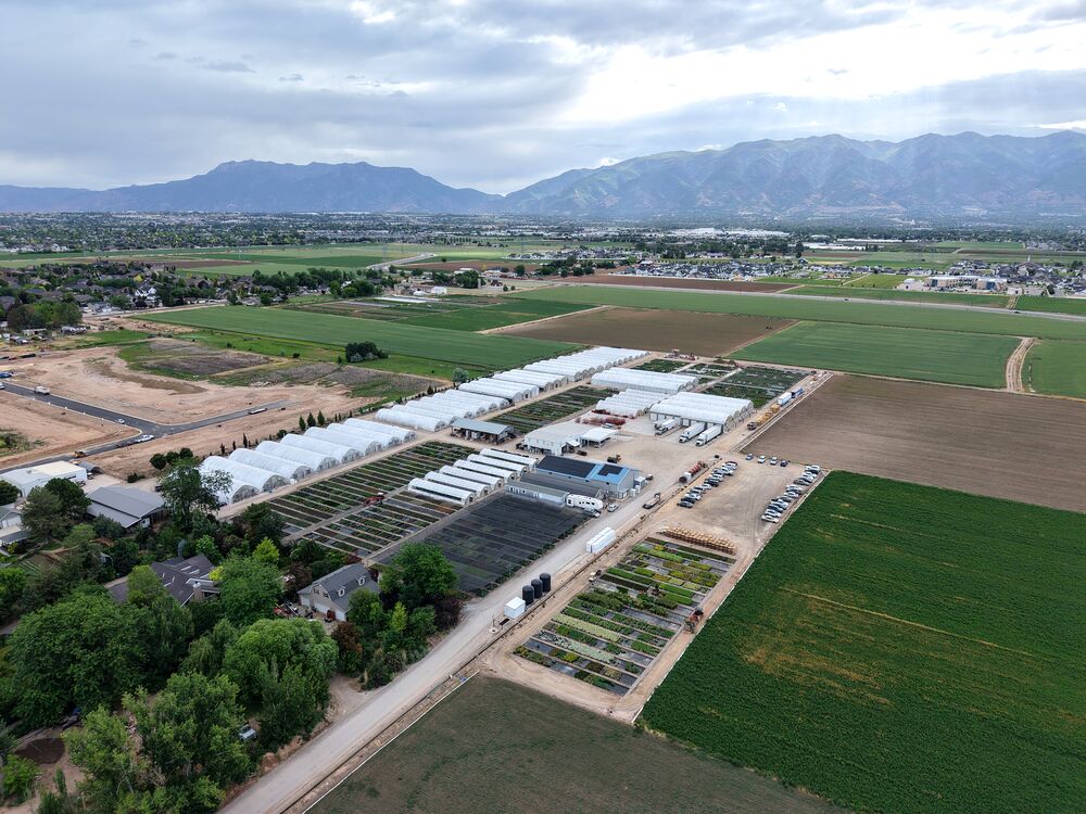 Aerial view of the Perennial Favorites nursery, its greenhouses and surrounding fields